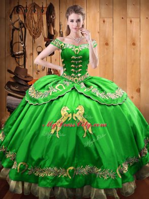 Green Satin and Organza Lace Up 15th Birthday Dress Sleeveless Floor Length Beading and Embroidery