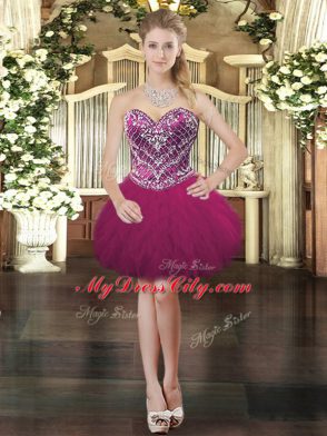 Fuchsia Lace Up Sweetheart Beading and Ruffles Homecoming Dress Tulle Sleeveless