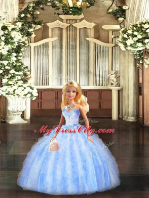 Sleeveless Floor Length Beading and Ruffles Lace Up Sweet 16 Quinceanera Dress with Lavender