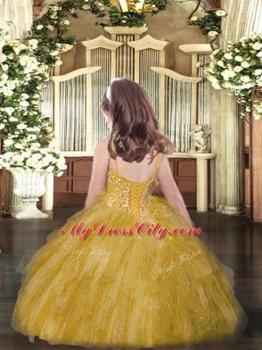 Hot Selling Gold Sleeveless Beading and Ruffles Floor Length Little Girls Pageant Dress