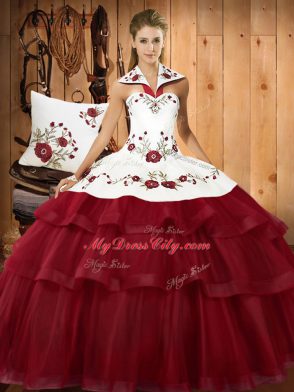 Sleeveless With Train Embroidery and Ruffled Layers Lace Up Quince Ball Gowns with Wine Red Sweep Train