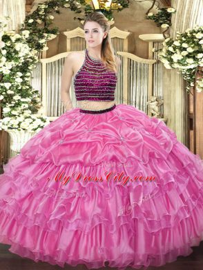 Sleeveless Floor Length Beading and Ruffled Layers Zipper Sweet 16 Quinceanera Dress with Rose Pink