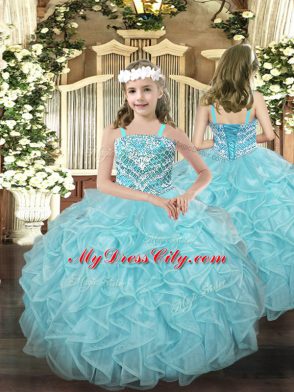 Custom Design Sleeveless Organza Floor Length Lace Up Sweet 16 Quinceanera Dress in Aqua Blue with Beading and Ruffles