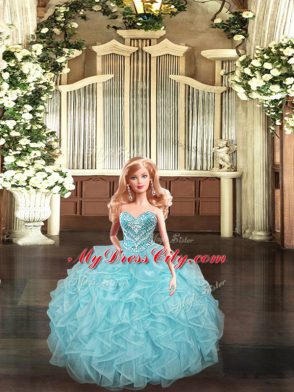 Custom Design Sleeveless Organza Floor Length Lace Up Sweet 16 Quinceanera Dress in Aqua Blue with Beading and Ruffles