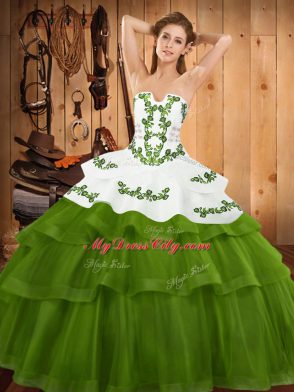 Olive Green Sleeveless Embroidery and Ruffled Layers Lace Up Ball Gown Prom Dress