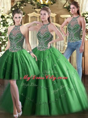 Discount Floor Length Green Quinceanera Dress High-neck Sleeveless Lace Up