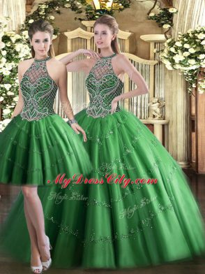 Discount Floor Length Green Quinceanera Dress High-neck Sleeveless Lace Up