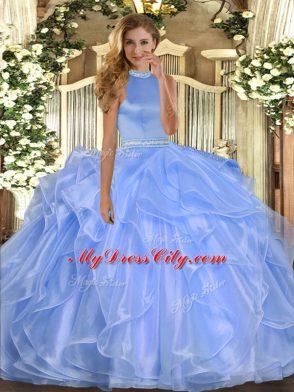 Sleeveless Floor Length Beading and Ruffles Backless Quinceanera Dress with Blue