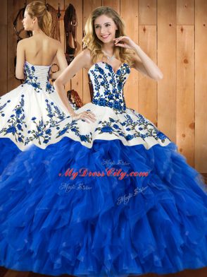 Blue Sweetheart Neckline Embroidery and Ruffles 15 Quinceanera Dress Sleeveless Lace Up