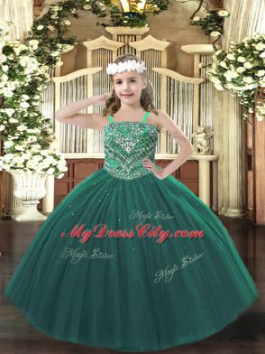 Dark Green Ball Gowns Tulle Straps Sleeveless Beading Floor Length Lace Up Pageant Gowns