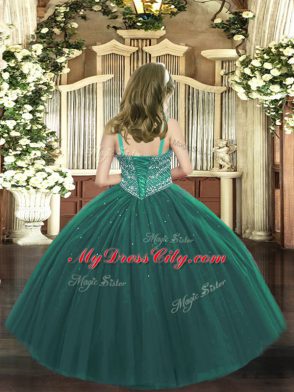 Dark Green Ball Gowns Tulle Straps Sleeveless Beading Floor Length Lace Up Pageant Gowns