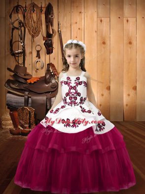 Dramatic Fuchsia Straps Neckline Embroidery Kids Pageant Dress Sleeveless Lace Up