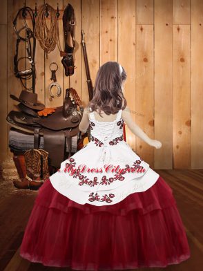 Dramatic Fuchsia Straps Neckline Embroidery Kids Pageant Dress Sleeveless Lace Up