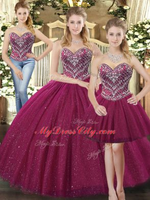 Simple Three Pieces Sweet 16 Dresses Fuchsia Sweetheart Tulle Sleeveless Floor Length Lace Up