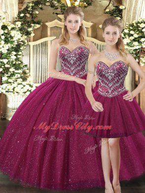 Simple Three Pieces Sweet 16 Dresses Fuchsia Sweetheart Tulle Sleeveless Floor Length Lace Up