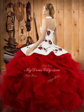 Superior Green Sweet 16 Dress Military Ball and Sweet 16 and Quinceanera with Embroidery and Ruffles Halter Top Sleeveless Lace Up