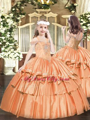 Admirable Rust Red Ball Gowns Off The Shoulder Sleeveless Tulle Floor Length Lace Up Beading and Ruffles Quince Ball Gowns