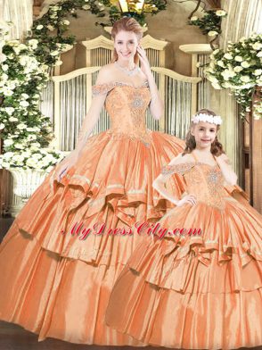 Admirable Rust Red Ball Gowns Off The Shoulder Sleeveless Tulle Floor Length Lace Up Beading and Ruffles Quince Ball Gowns