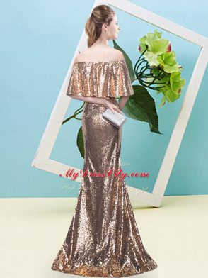 Floor Length Gold Prom Dresses Off The Shoulder Half Sleeves Zipper