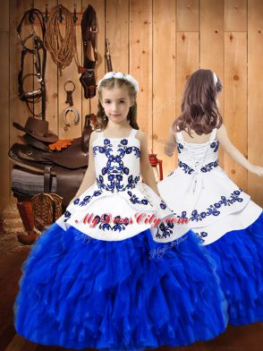 Royal Blue Ball Gowns Organza Straps Sleeveless Embroidery and Ruffles Floor Length Lace Up Kids Pageant Dress