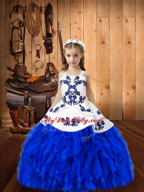 Royal Blue Ball Gowns Organza Straps Sleeveless Embroidery and Ruffles Floor Length Lace Up Kids Pageant Dress