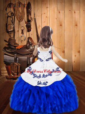 Royal Blue Ball Gowns Organza Straps Sleeveless Embroidery and Ruffles Floor Length Lace Up Kids Pageant Dress