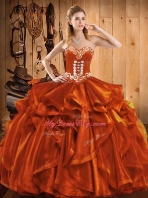 New Style Sleeveless Organza Floor Length Lace Up 15th Birthday Dress in Rust Red with Embroidery