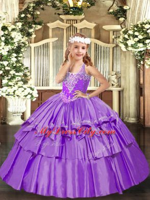 Trendy Sleeveless Floor Length Beading and Ruffled Layers Lace Up Pageant Dress for Womens with Lavender