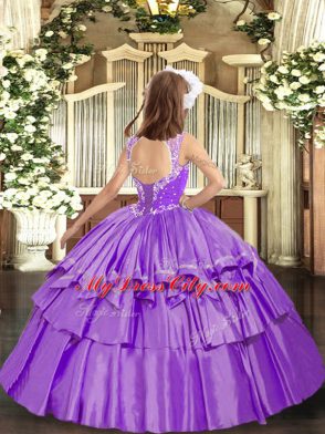 Trendy Sleeveless Floor Length Beading and Ruffled Layers Lace Up Pageant Dress for Womens with Lavender