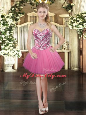 Gorgeous Rose Pink Ball Gowns Tulle Sweetheart Sleeveless Beading Mini Length Lace Up Prom Gown