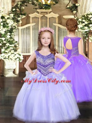 Pretty Lavender Ball Gowns Organza Scoop Sleeveless Beading Floor Length Lace Up Little Girls Pageant Dress