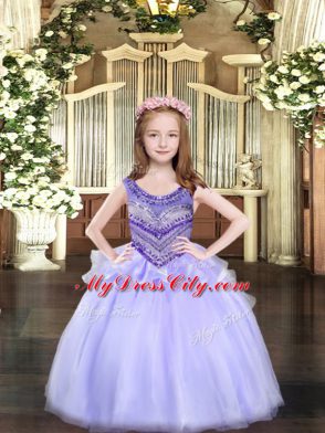 Pretty Lavender Ball Gowns Organza Scoop Sleeveless Beading Floor Length Lace Up Little Girls Pageant Dress