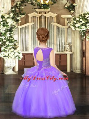 Pretty Lavender Ball Gowns Organza Scoop Sleeveless Beading Floor Length Lace Up Little Girls Pageant Dress