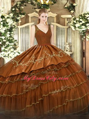 Dazzling V-neck Sleeveless Quinceanera Gowns Floor Length Beading and Embroidery and Ruffled Layers Brown Satin and Tulle