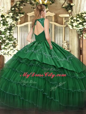 Dazzling V-neck Sleeveless Quinceanera Gowns Floor Length Beading and Embroidery and Ruffled Layers Brown Satin and Tulle