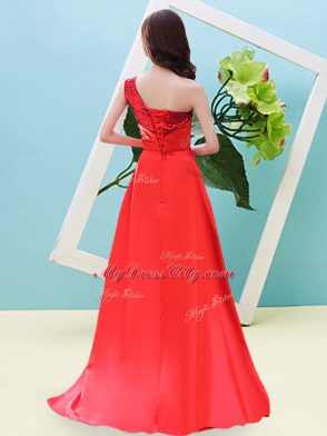 High Quality A-line Evening Dress Coral Red One Shoulder Elastic Woven Satin and Sequined Sleeveless High Low Lace Up