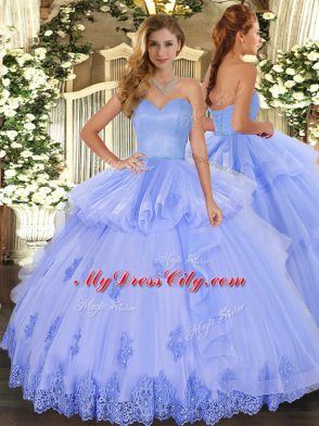 Floor Length Lace Up Quinceanera Gown Lavender for Military Ball and Sweet 16 and Quinceanera with Beading and Appliques and Ruffles