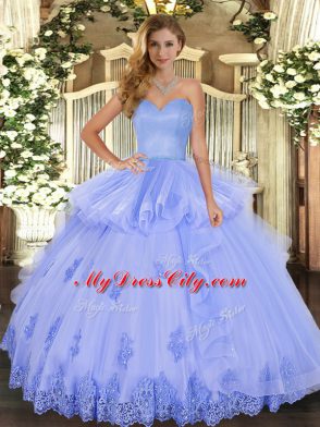 Floor Length Lace Up Quinceanera Gown Lavender for Military Ball and Sweet 16 and Quinceanera with Beading and Appliques and Ruffles