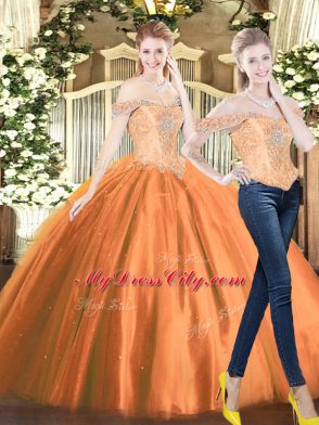 Perfect Floor Length Orange Red Quince Ball Gowns Off The Shoulder Sleeveless Lace Up