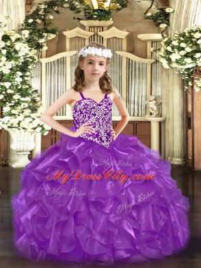 Super Beading Pageant Dress for Teens Purple Lace Up Sleeveless Floor Length