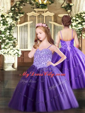 Sleeveless Tulle Floor Length Lace Up Sweet 16 Quinceanera Dress in Purple with Beading