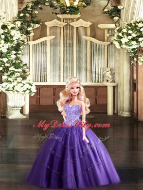 Sleeveless Tulle Floor Length Lace Up Sweet 16 Quinceanera Dress in Purple with Beading