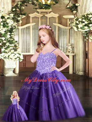 Sleeveless Tulle Floor Length Lace Up Sweet 16 Quinceanera Dress in Purple with Beading