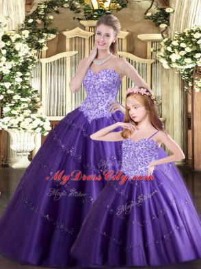 Sleeveless Tulle Floor Length Lace Up Sweet 16 Quinceanera Dress in Purple with Beading