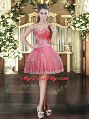 Noble Coral Red Ball Gowns Sweetheart Sleeveless Tulle Mini Length Lace Up Beading and Appliques Homecoming Dress