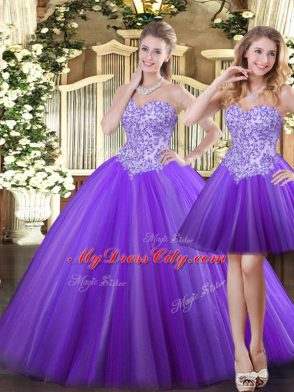 Trendy Eggplant Purple Ball Gowns Sweetheart Sleeveless Tulle Floor Length Lace Up Beading Sweet 16 Quinceanera Dress