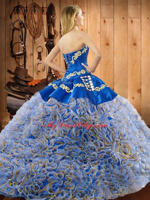 Multi-color Sleeveless Satin and Fabric With Rolling Flowers Sweep Train Lace Up Quinceanera Gowns for Military Ball and Sweet 16 and Quinceanera