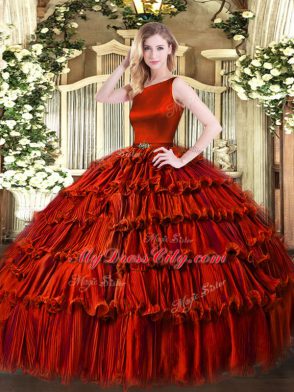 Wine Red Ball Gowns Scoop Sleeveless Organza Floor Length Clasp Handle Ruffled Layers Vestidos de Quinceanera