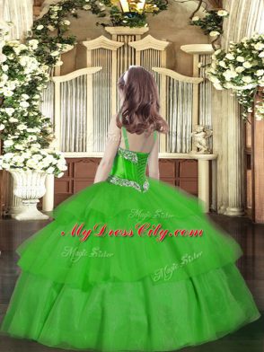 Fantastic Floor Length Green Pageant Dress Wholesale Organza Sleeveless Beading and Ruffled Layers