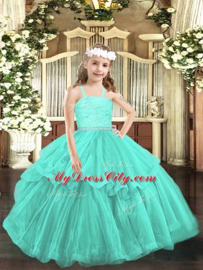 Perfect Ball Gowns Pageant Gowns For Girls Turquoise Straps Organza Sleeveless Floor Length Zipper